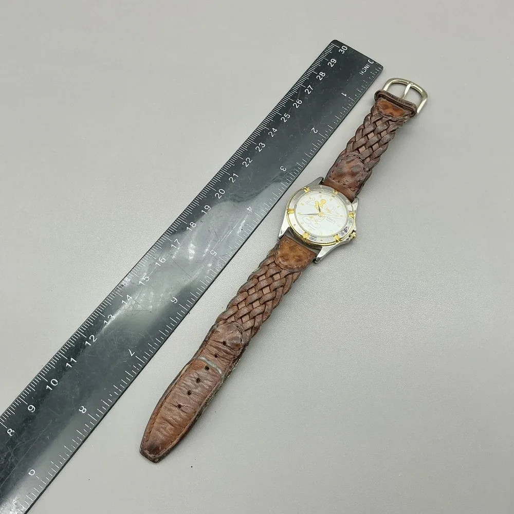 Vintage Lorus Womens Watch White Dial Brown Braided Leather Mickey Mouse Quartz